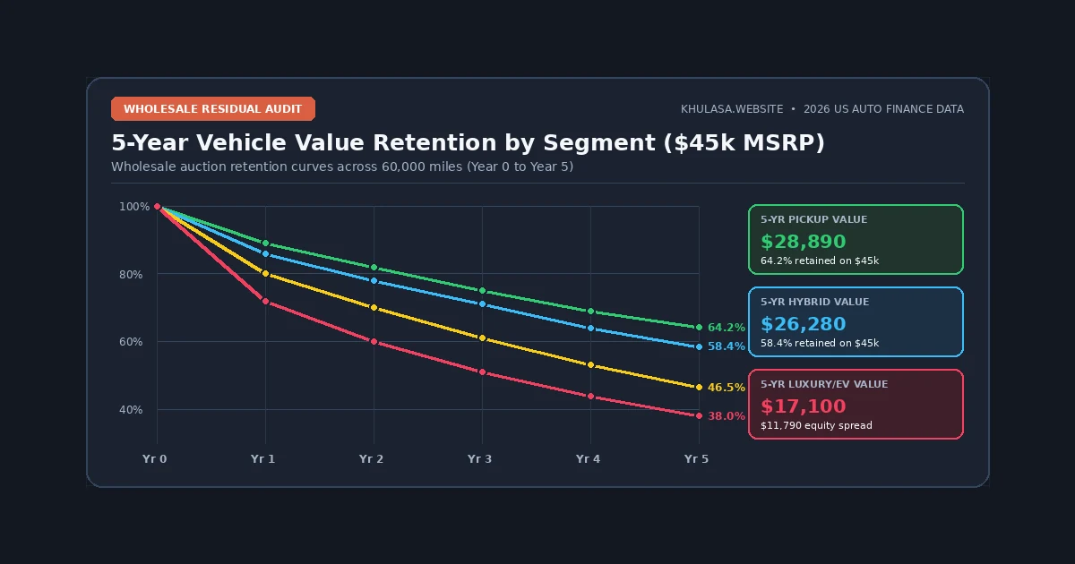 Five-year wholesale residual value retention comparison across trucks, hybrids, SUVs, luxury sedans, and electric vehicles