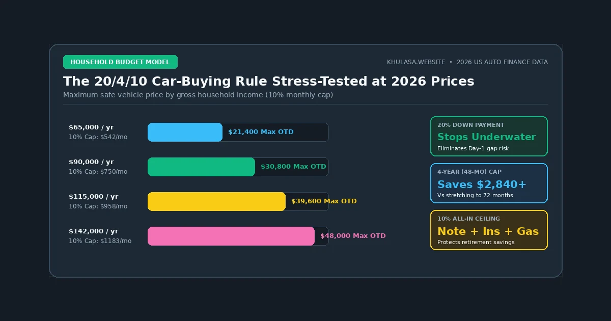 Household income vs maximum affordable vehicle price under the 20/4/10 and 20/5/12 automotive budgeting rules