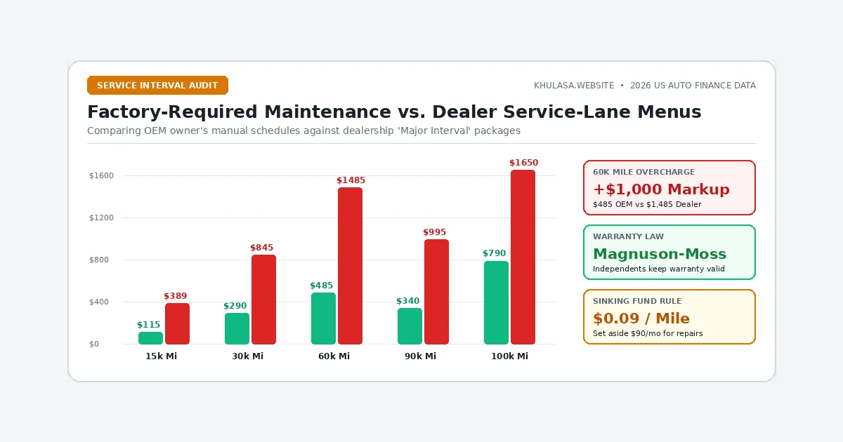 Comparison of factory owner's manual maintenance intervals at 30k, 60k, and 100k miles versus dealership service menu upsells
