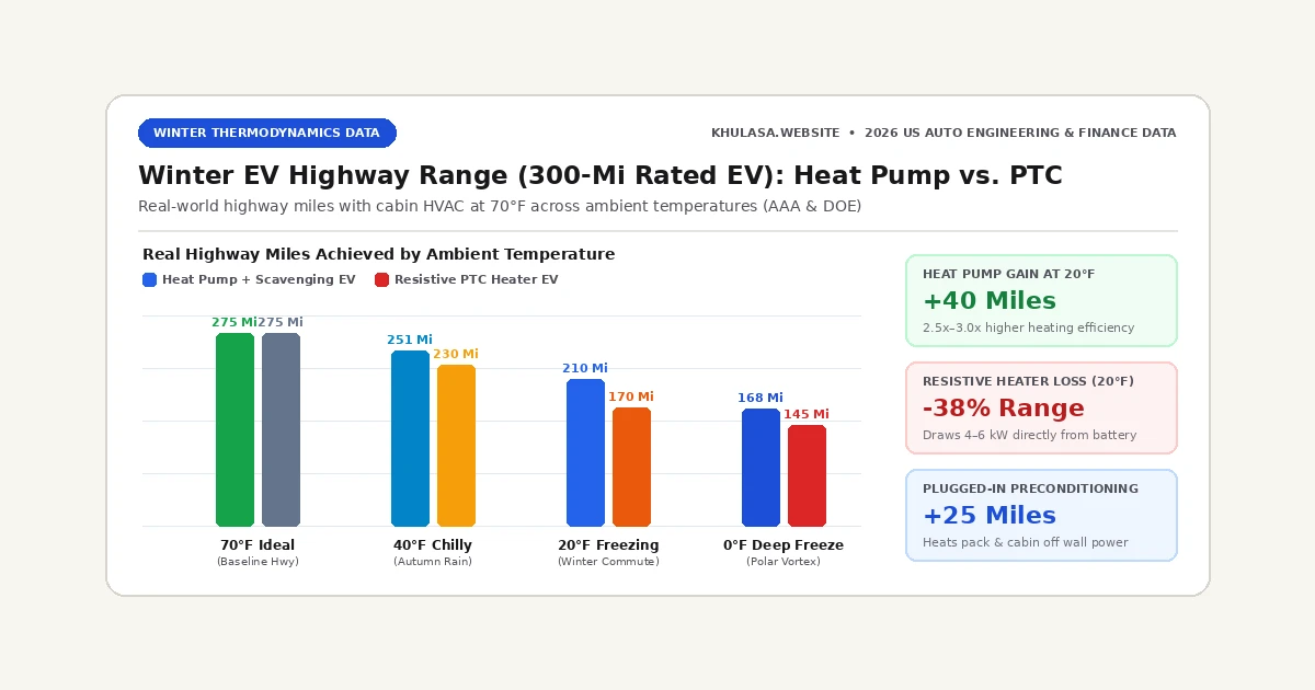 Infographic chart comparing winter EV range retention at 70F, 32F, 20F, and 0F for Heat Pump EVs vs Resistive PTC Heater EVs