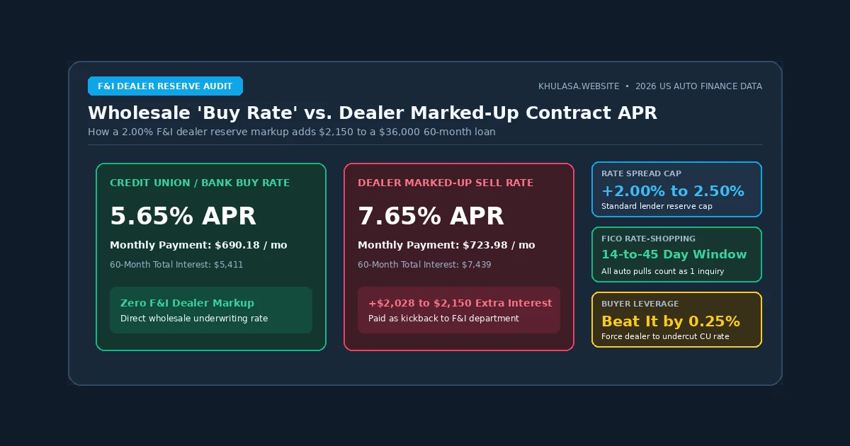 Comparison of wholesale bank buy rate vs dealership marked-up contract sell rate on a 60-month auto loan