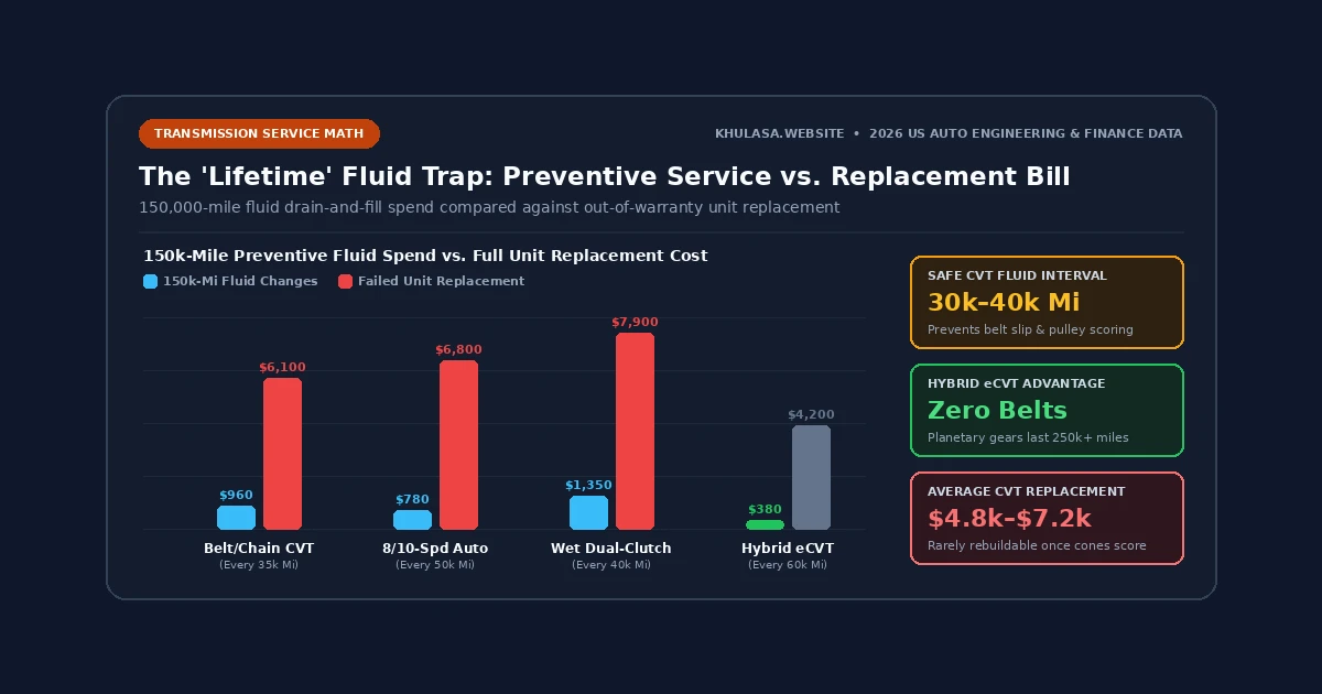 Infographic comparing CVT vs 8/10-speed automatic vs eCVT transmission fluid service costs against full replacement bills