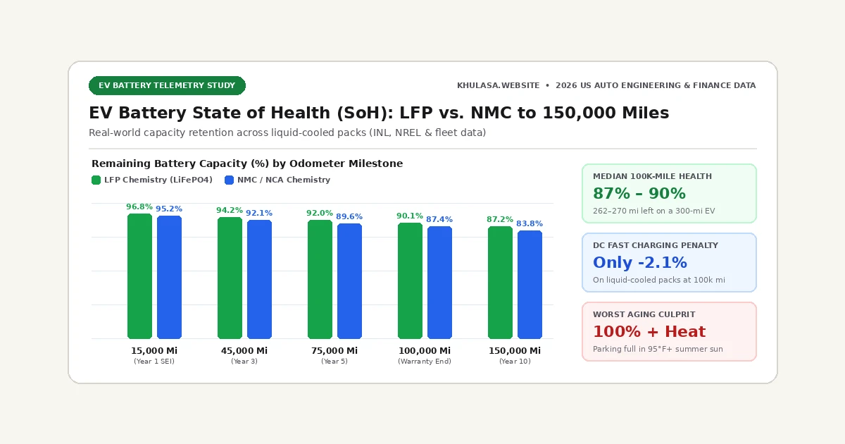Infographic chart showing EV battery state-of-health (SoH) retention from 0 to 150,000 miles for LFP vs NMC packs and DC fast charging impact