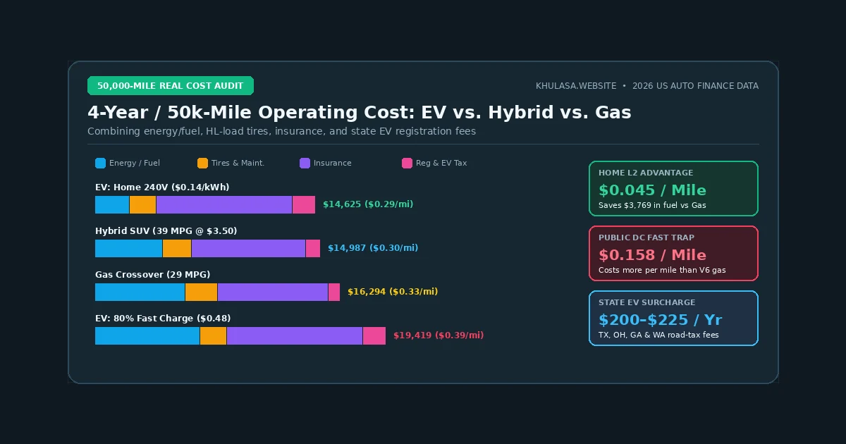 50,000-mile cost comparison between an electric vehicle and a gasoline car across charging, tires, insurance, and state registration