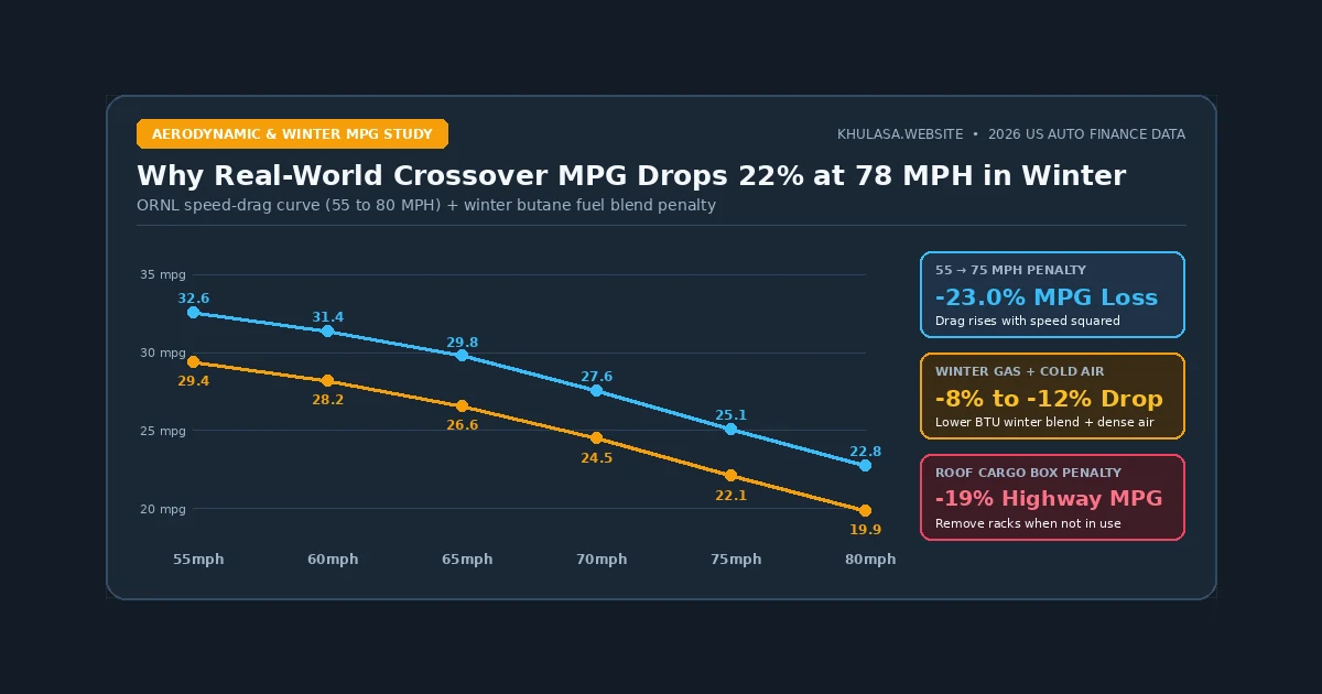 Aerodynamic drag horsepower and real-world MPG drop across highway speeds from 55 mph to 80 mph