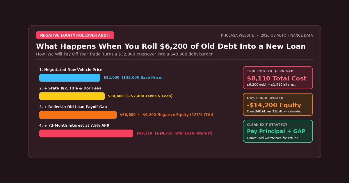 Financial breakdown of rolling negative trade-in equity into a new auto loan versus paying down principal
