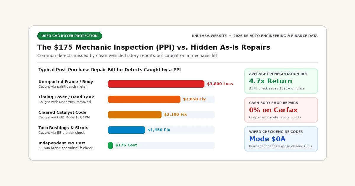 Infographic showing what a clean vehicle history report misses vs what an independent mechanic Pre-Purchase Inspection (PPI) catches