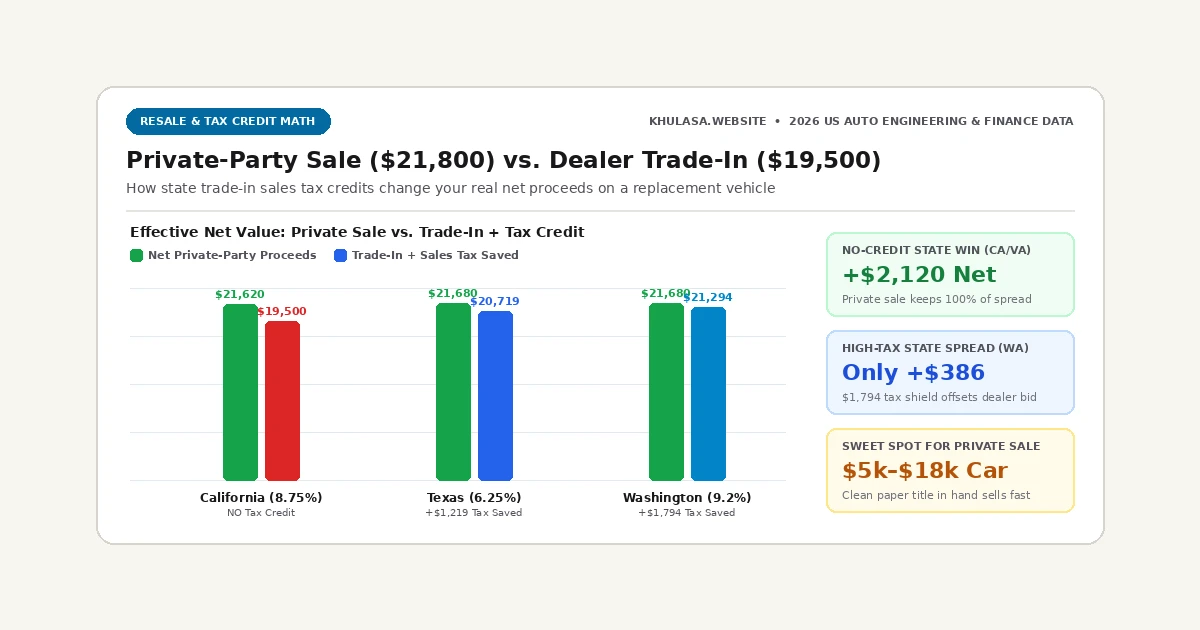 Infographic comparing net proceeds of a private-party sale vs dealer trade-in across tax-credit states vs non-credit states like California