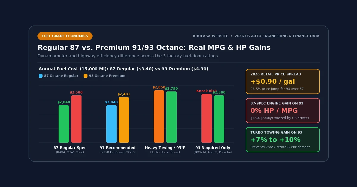 Infographic chart comparing 87 Regular vs 91/93 Premium gasoline price spread, horsepower impact, and MPG across engine types