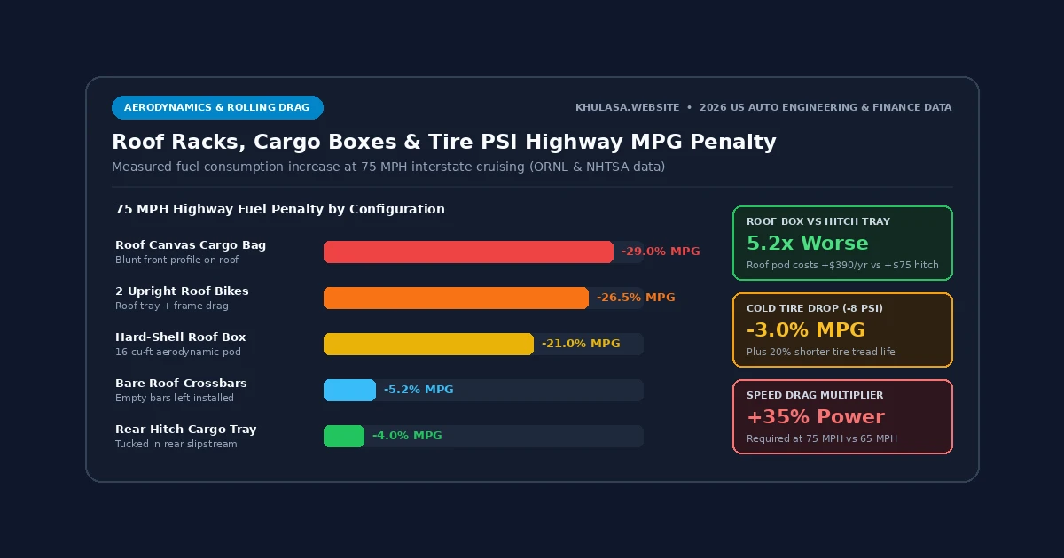 Infographic chart comparing highway MPG loss from bare roof crossbars, rooftop cargo boxes, rear hitch racks, and underinflated tires at 65 mph vs 75 mph