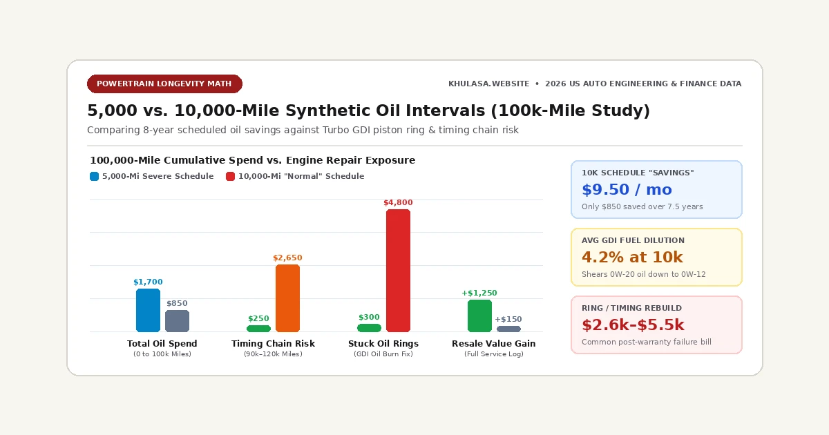 Infographic comparing 5,000-mile vs 10,000-mile synthetic oil change costs over 100,000 miles against engine repair risks