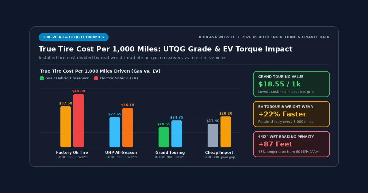 Infographic chart comparing tire UTQG treadwear ratings, real-world mileage on gas vs EV vehicles, and true cost per 1,000 miles