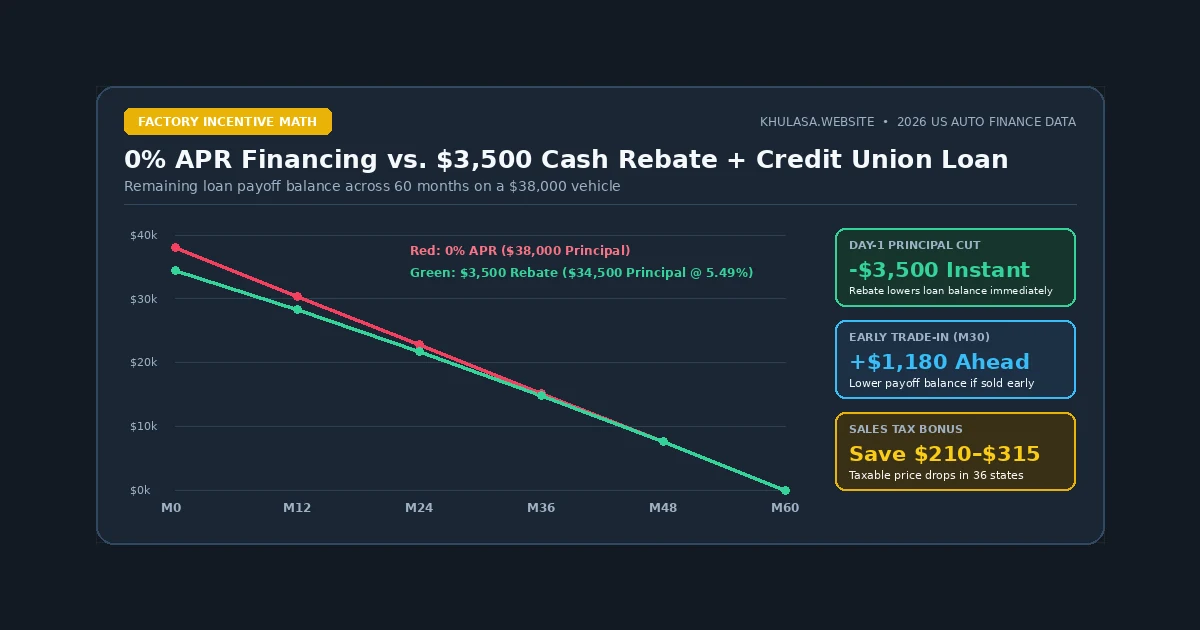 Comparison between 0% APR factory financing and taking a manufacturer cash rebate with a credit union auto loan